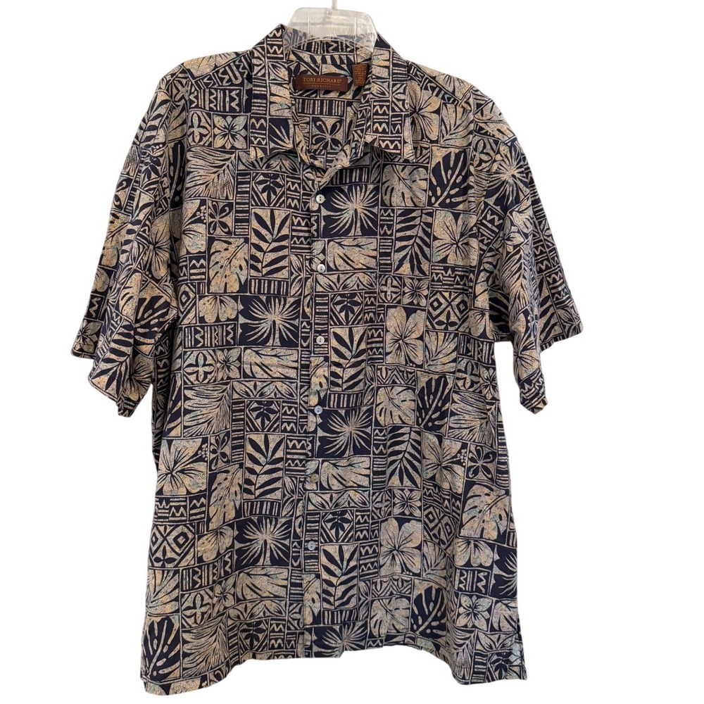 Vintage Tori Richard Honolulu Mens 2XL Navy Blue Cotton Geometric Hawaiian Shirt